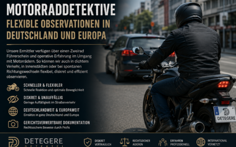 Motorraddetektive für flexible Observationen in Deutschland und Europa. Diskret, mobil und gerichtsverwertbar ermitteln. Rufen Sie an / kostenfreie Erstberatung