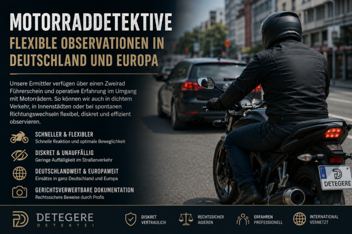 Motorraddetektive für flexible Observationen in Deutschland und Europa. Diskret, mobil und gerichtsverwertbar ermitteln. Rufen Sie an / kostenfreie Erstberatung