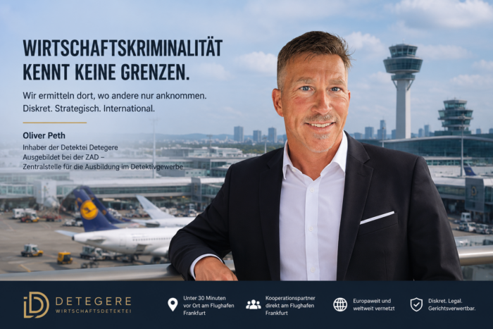 Warum der Flughafen Frankfurt ein Hotspot für internationale Wirtschaftskriminalität ist. Die Detektei Detegere ermittelt diskret, schnell und gerichtsverwertbar – mit operativer Nähe zum Rhein-Main-Gebiet, internationalen Kooperationspartnern und kriminalistischer Expertise von Oliver Peth, ausgebildet bei der ZAD Berlin.