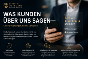 Echte Kundenbewertungen zur Detektei Detegere: Diskretion, professionelle Ermittlungen, persönliche Betreuung und gerichtsfeste Ergebnisse. International