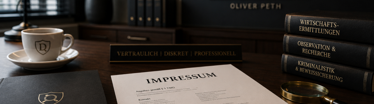 Impressum der Detektei Detegere / Privat Investigation Service Detegere von Oliver Peth in Alzenau. Kontakt, Umsatzsteuer-ID, Aufsichtsbehörde sowie Hinweise zu KI-generierten Bildern und Inhalten.