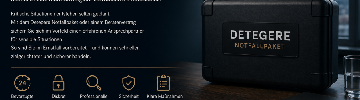 Notfallpaket und Beratervertrag für schnelle kriminalistische Einschätzung, Krisenberatung, Beweissicherung und bevorzugte Einsatzplanung.