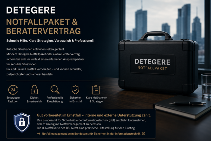 Notfallpaket und Beratervertrag für schnelle kriminalistische Einschätzung, Krisenberatung, Beweissicherung und bevorzugte Einsatzplanung.