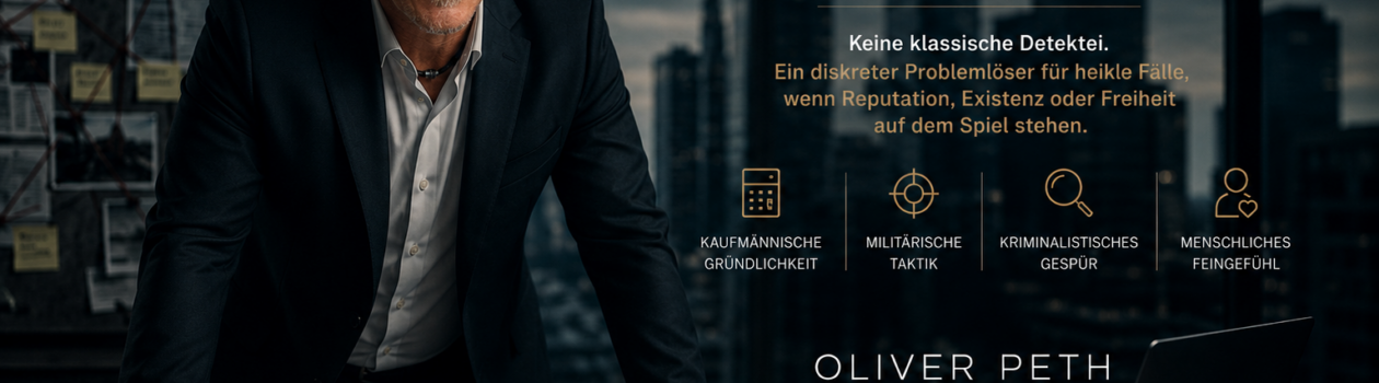 Professionelles Krisenmanagement für Unternehmer, Entscheider und heikle Fälle. Oliver Peth schafft diskret Klarheit, wenn Reputation, Existenz oder Freiheit auf dem Spiel stehen.