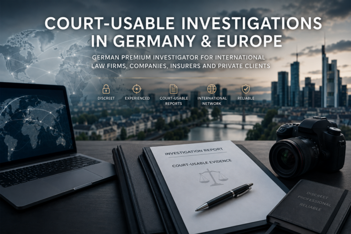 German premium investigator for international law firms, companies, insurers and private clients. Court-usable facts, asset tracing and investigation.