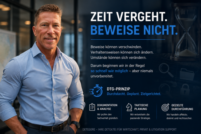 Warum Zeit bei Ermittlungen entscheidend ist. Erfahren Sie, wie die Detektei Detegere nach dem DETEGERE-PRINZIP® Beweise sichert und Fälle strukturiert führt.