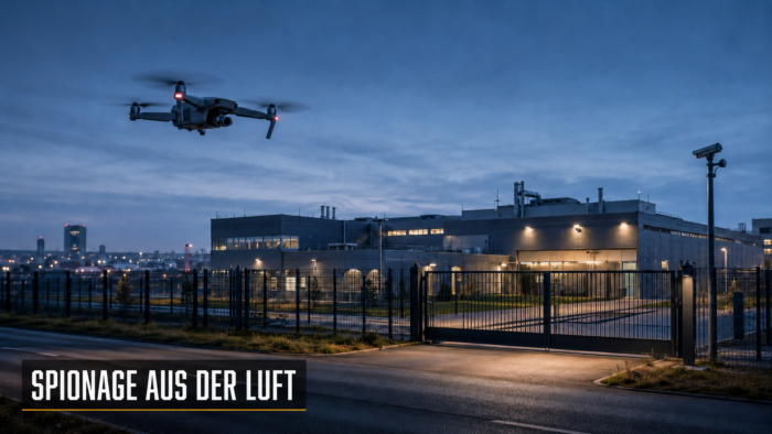 Eine Drohne über einem Münchner Rüstungsbetrieb zeigt: Moderne Spionage beginnt außerhalb des Werkzauns. So schützen Unternehmen sensible Standorte.