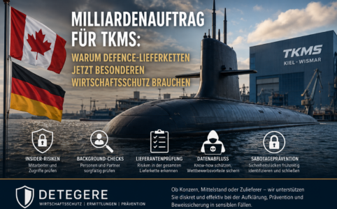 Warum der TKMS-U-Boot-Auftrag Defence-Zulieferer, Subunternehmer und Hightech-Firmen zu Hochsicherheitsfällen macht. Detektei Detegere, weltweit.