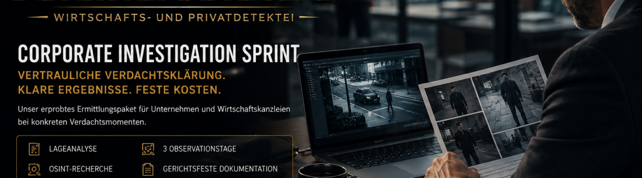 Corporate Investigation Sprint zum Festpreis: OSINT-Recherche, Background-Check, drei Observationstage und gerichtsfeste Dokumentation für Unternehmen.