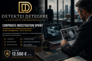 Corporate Investigation Sprint zum Festpreis: OSINT-Recherche, Background-Check, drei Observationstage und gerichtsfeste Dokumentation für Unternehmen.