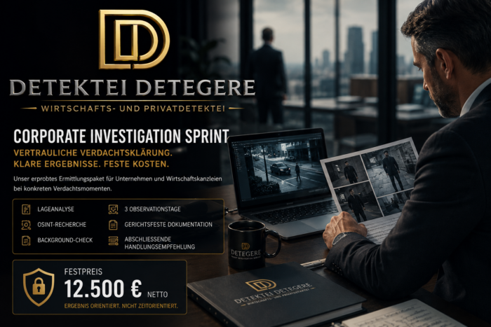 Corporate Investigation Sprint zum Festpreis: OSINT-Recherche, Background-Check, drei Observationstage und gerichtsfeste Dokumentation für Unternehmen.