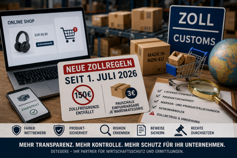 Seit 1. Juli 2026 gelten neue Zollregeln für E-Commerce-Sendungen. Warum Unternehmen Produktfälschungen, Scheinhändler und Lieferkettenrisiken prüfen sollten.