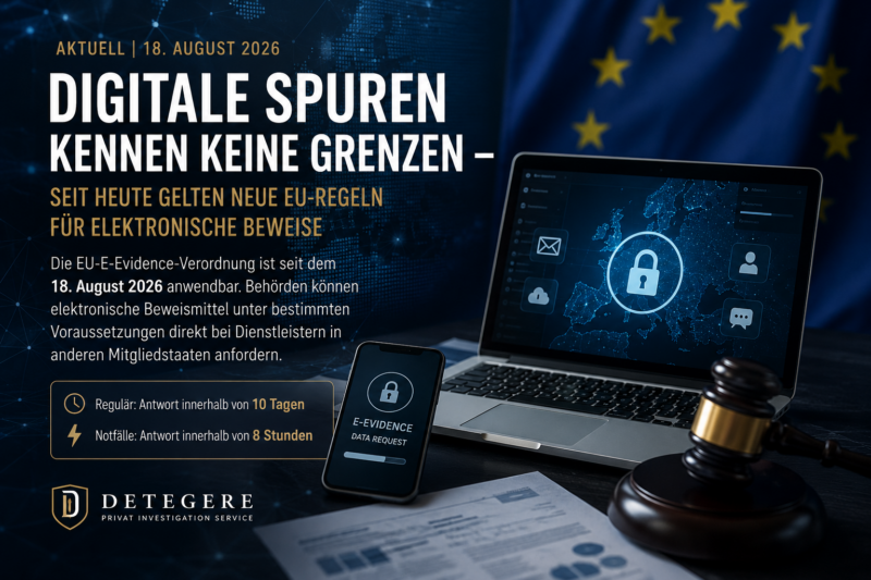 Seit 18. August 2026 gelten neue EU-Regeln für elektronische Beweise. Was Unternehmen über E-Evidence, OSINT und digitale Ermittlungen wissen sollten.