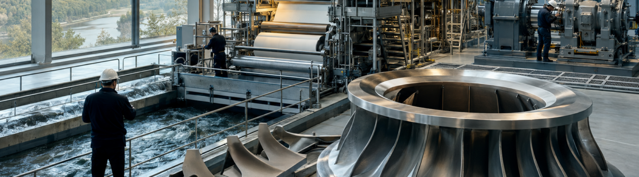 Industrielle Wasserkrafttechnik, Papiermaschinen und Antriebssysteme als Symbol für Wirtschaftsermittlungen der Detektei Heidenheim