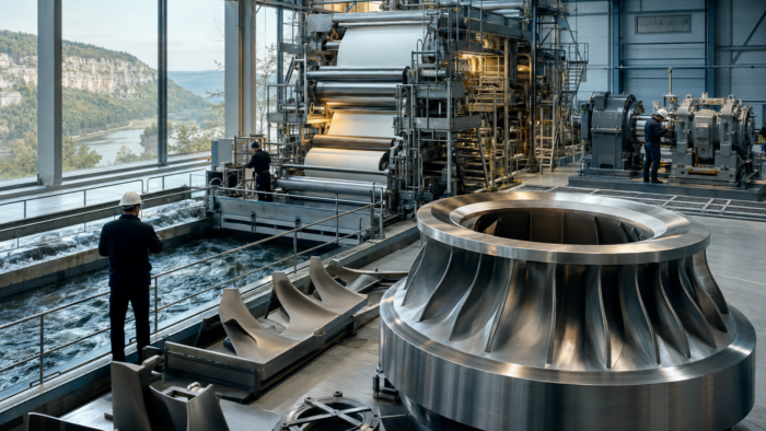 Industrielle Wasserkrafttechnik, Papiermaschinen und Antriebssysteme als Symbol für Wirtschaftsermittlungen der Detektei Heidenheim 
