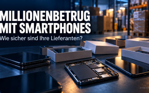 Smartphones, geöffnete Geräte und Verpackungen vor einem Lager als Symbolbild für Lieferantenprüfung und Smartphone-Betrug.