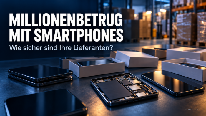 Smartphones, geöffnete Geräte und Verpackungen vor einem Lager als Symbolbild für Lieferantenprüfung und Smartphone-Betrug.