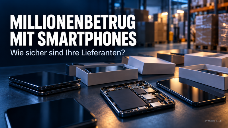 Smartphones, geöffnete Geräte und Verpackungen vor einem Lager als Symbolbild für Lieferantenprüfung und Smartphone-Betrug.