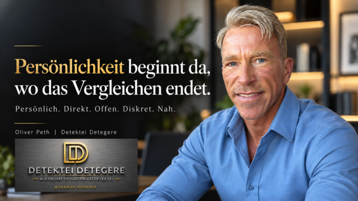 Detegere Persönlichkeit, Vertrauen und diskrete Ermittlungen Persönlichkeit beginnt, wo das Vergleichen endet. Oliver Peth zeigt, dass Klienten bei Detegere von persönlicher Betreuung, Klarheit und Diskretion profitieren.