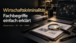 Wirtschaftskriminalität einfach erklärt, detektivische Fachbegriffe, Abkürzungen im Ermittlungsbericht, Observation Bedeutung, ZP Zielperson, WA Wohnanschrift, OSINT Recherche, Background-Check, Due Diligence, Corporate Intelligence, Asset Tracing, CEO-Fraud, Business Email Compromise, digitale Forensik, Ermittlungsbericht, Wirtschaftsdetektei
