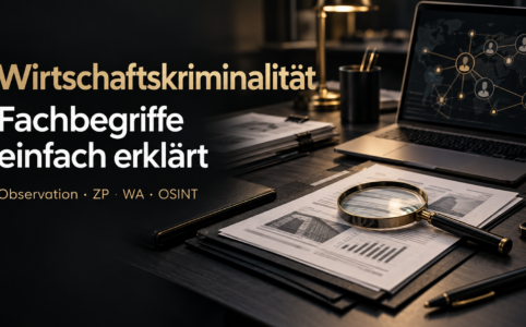 Wirtschaftskriminalität einfach erklärt, detektivische Fachbegriffe, Abkürzungen im Ermittlungsbericht, Observation Bedeutung, ZP Zielperson, WA Wohnanschrift, OSINT Recherche, Background-Check, Due Diligence, Corporate Intelligence, Asset Tracing, CEO-Fraud, Business Email Compromise, digitale Forensik, Ermittlungsbericht, Wirtschaftsdetektei